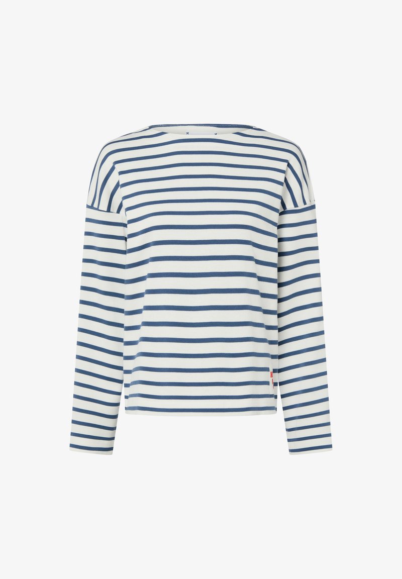 Langärmeliges Oberteil aus weißem Stoff mit marineblauen horizontalen Streifen. Verfügt über einen weiten Ausschnitt und eine lockere Passform. Auffälliges rotes Etikett am Saum.