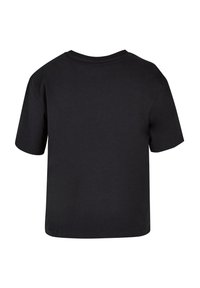 T-shirt en coton noir à manches courtes, col rond et ourlet droit ; présente une texture lisse et un design minimaliste.