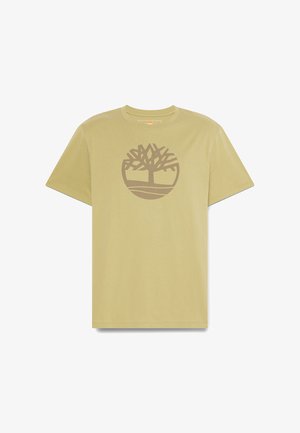 Beige T-shirt met korte mouwen en een ronde hals, met een grafische afbeelding van een boom in het midden van de borst.