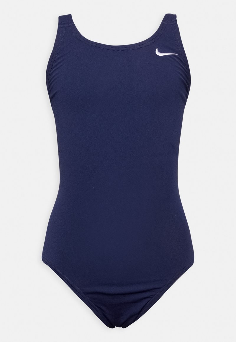 Maillot de bain une pièce bleu marine avec un décolleté arrondi, des bretelles fines et un petit logo Nike blanc sur la poitrine. Tissu lisse et élastique.
