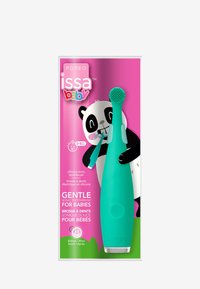 Silikon sonic tannbørste i teal med en teksturert børstehode, med en panda-karakter på en rosa emballasje bakgrunn.