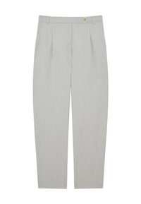 Lichtgrijze broek met plooien, met een recht model, gemaakt van een gestructureerde stof, en een eenvoudige gouden hardware accent.