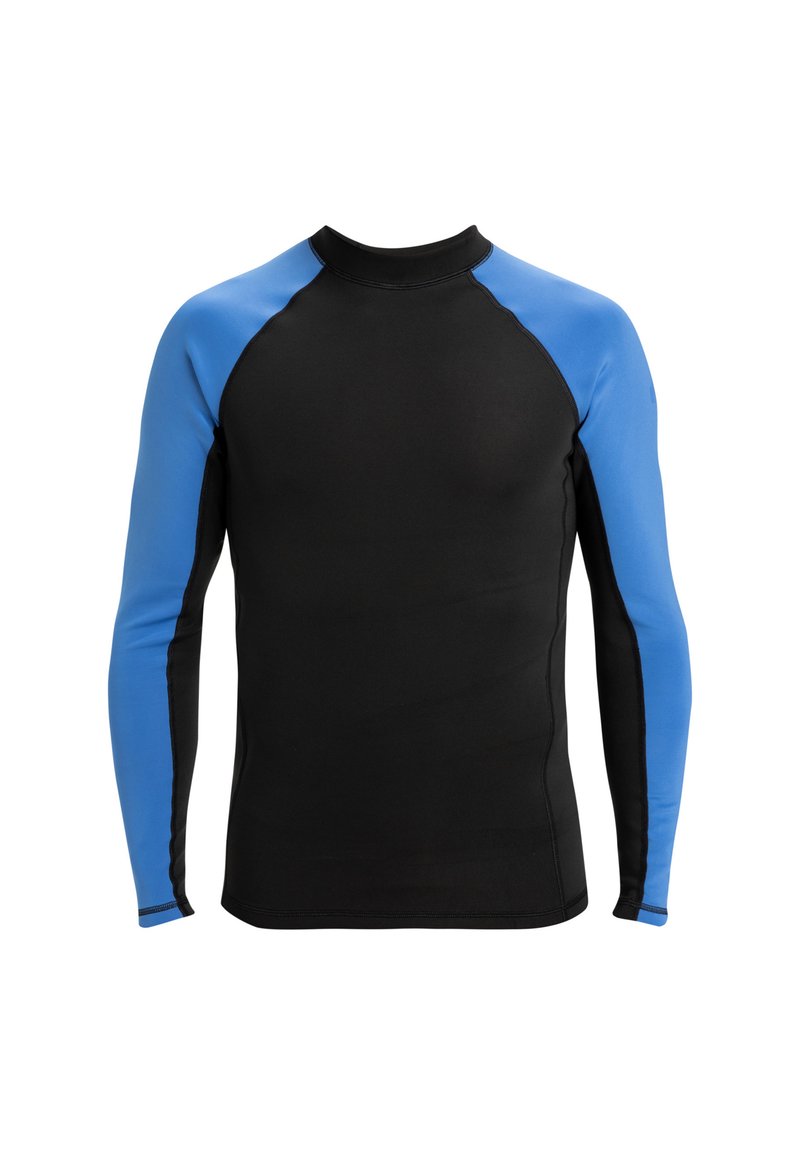Rash guard de manga larga que presenta un cuerpo negro con mangas raglán de un brillante azul, fabricado en un tejido elástico y que absorbe la humedad.