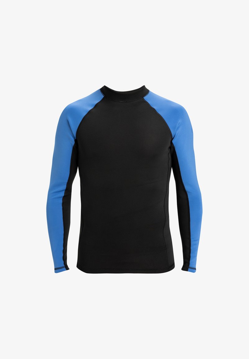 Rash guard de manga larga que presenta un cuerpo negro con mangas raglán de un brillante azul, fabricado en un tejido elástico y que absorbe la humedad.