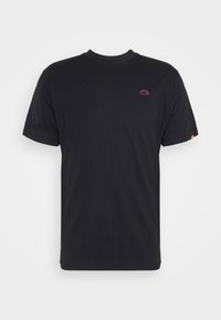 Black cotton t-shirt featuring short sleeves, a crew neckline, and a small purple logo on the left chest. Smooth texture, standard fit.
