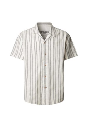 Camicia bianca a maniche corte con righe verticali grigie, bottoni marroni e colletto classico, del marchio Pepe Jeans London.