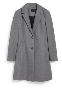 Manteau pour femme en mélange de laine gris avec revers crantés, deux boutons devant et poches latérales en biais, doublé en tissu noir.