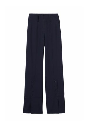 Pantalon large bleu marine à taille haute, plis devant, passants de ceinture et détails de boutons près de l'ourlet inférieur.