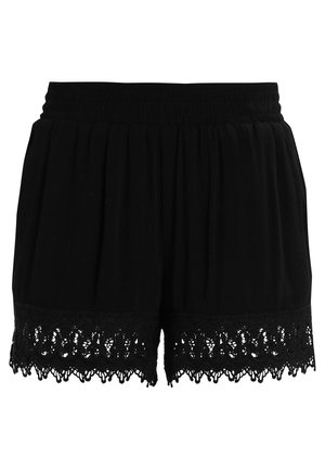 Sorte korte shorts til kvinder med elastisk talje og dekorativ blondekant forneden.