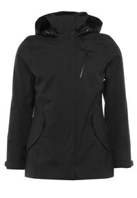Black waterproof jacket featuring a hood, front zip closure, side pockets, and a single zippered pocket on the chest.