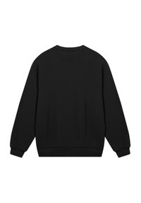 Schwarzer Pullover mit Rundhalsausschnitt, langen Ärmeln und gerippten Bündchen und Saum. Weicher Stoff, schlichtes Design ohne Muster oder Akzente.