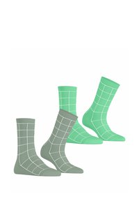 Vier Socken: zwei in Grau mit weißem Karomuster, zwei in mintgrün mit weißem Karomuster. Glatte Textur, mittellange Länge, elastische Bündchen.