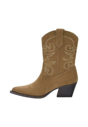 Brown suede cowboy boot with pointed toe, small heel, and decorative white stitching pattern on sides. Clean and sleek design with a smooth texture.