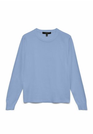 Haut à manches longues bleu en coton doux, avec un col rond et des poignets côtelés. Design simple sans motifs ni accents.
