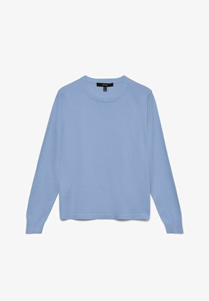 Mėlynas ilgomis rankovėmis megztinis iš minkštos medvilnės, su apvalia iškirpte ir iškirptais rankogaliais. Paprastas dizainas be raštų ar akcentų.