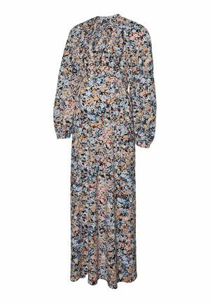 Robe maxi à motif floral avec des manches longues, présentant un fond noir et des fleurs multicolores en pêche, bleu et blanc. Tissu léger.