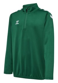 Grøn pullover-top lavet af glat, letvægtsstof. Har en halvlukket lynlås og krave, lange ærmer og hvide stribede accenter på skuldrene.