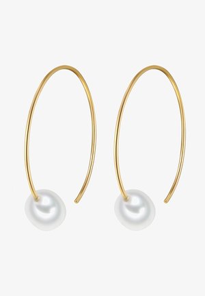 Zelta riņķa auskari ar gludu, baltu pērļu akcentu pie pamatnes un minimālistisku, izstieptu dizainu.
