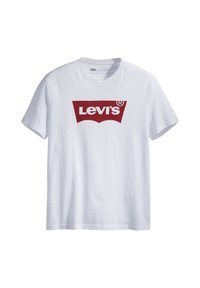 Hvid bomulds t-shirt med et stort rødt Levi's-logo centreret på brystet; korte ærmer og rund halsudskæring.