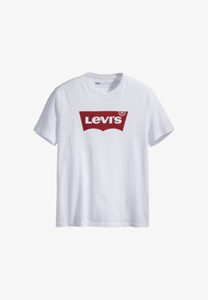 T-shirt bianco in cotone con un grande logo rosso Levi's centrato sul petto; maniche corte e scollatura rotonda.