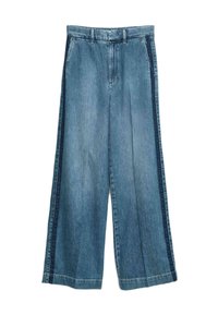 Pantaloni in denim a gamba larga di colore blu chiaro con vita alta, caratterizzati da pannelli laterali blu scuro. Texture liscia e design classico a cinque tasche.