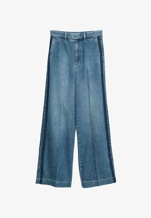 Hellblaue, weit geschnittene Denim-Hosen mit hoher Taille und dunklen blauen Seitenteilen. Glatte Textur und klassisches Fünf-Taschen-Design.