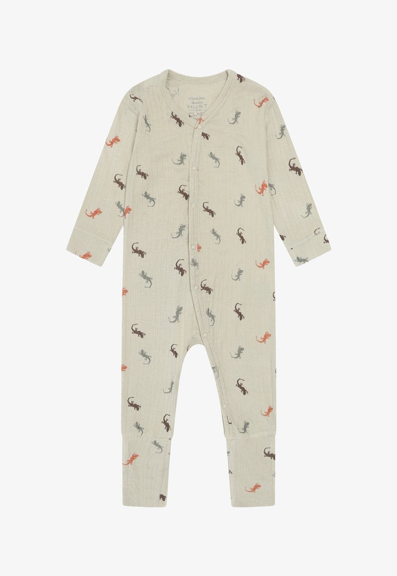 Body beige côtelé pour bébé avec manches longues, boutons-pression à l'avant, et imprimé lézard multicolore en marron, orange et gris.