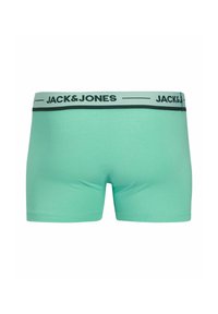 Mátově zelené boxerky vyrobené z měkké tkaniny, s černým a šedým páskem s logem "JACK&JONES". Hladká textura a přiléhavý střih.