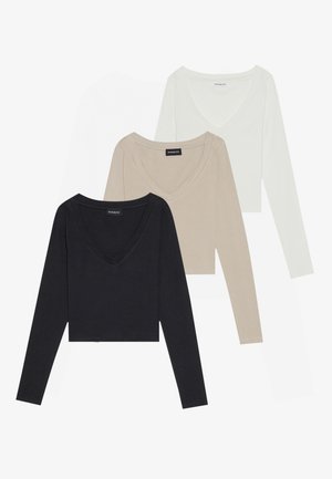 Even&Odd 3 PACK - Langærmet T-shirt - black/khaki/off-white