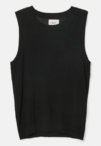 Top nero senza maniche realizzato in tessuto a maglia testurizzata; presenta un collo rotondo e fessure laterali per adattabilità e comfort. L'etichetta interna riporta "NN. 07."