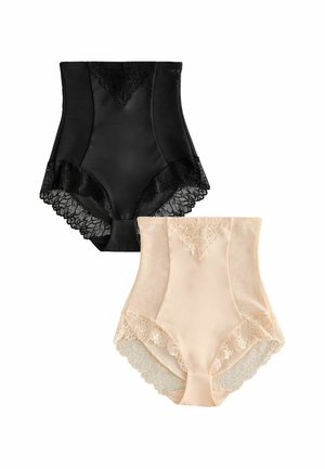 Hoge taille slipjes in zwart en huidskleur met kantafwerking. Het gladde stof en de gestructureerde vormgeving bevatten ingewikkelde kantaccenten op de taille en benen.