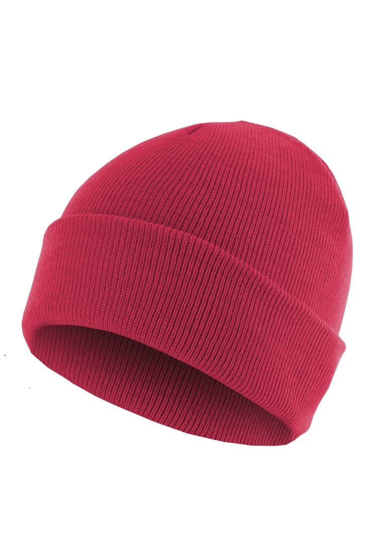 Caciula tricotată de culoare roșie aprinsă, cu o textură ribbed, un design care se potrivește strâns și o manșetă răsfrântă pentru ajustarea potrivirii.