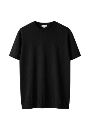 T-shirt nera a maniche corte con scollo rotondo e orlo dritto, mostrata distesa su sfondo bianco.