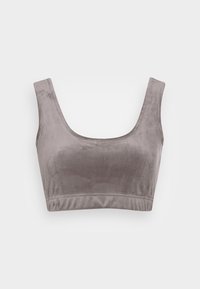 Szary welurowy biustonosz typu bralette z szerokimi ramiączkami, okrągłym dekoltem i bezszwowym wykończeniem. Miękka tekstura z gładkim wykończeniem.