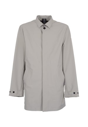 Jasnoszara męska płaszcz przeciwdeszczowy z długimi rękawami, ukrytymi przednimi guzikami i regulowanymi mankietami z czarnymi zatrzaskami.