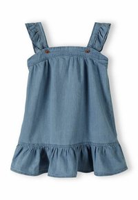 Robe en denim avec un ourlet froncé, de larges bretelles avec un détail plissé et deux boutons marron à l'avant. Tissu bleu clair au toucher doux.