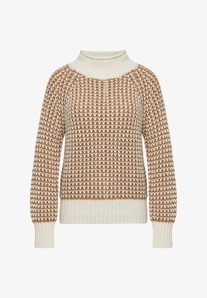 Paksu neulepaita ruskea-valkoisella kuviolla, jossa on korkea ribattu kermaisenvalkoinen kaulus, hihansuut ja helma.