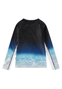 Hosszú ujjú rash guard óceáni hullám mintával, fekete felső résszel, gradiens kék alsó résszel és kontrasztos oldalsó panelek kialakítással.
