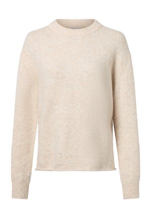 Sweter w kolorze kremowym, wykonany z miękkiego materiału. Posiada prążkowany okrągły dekolt, długie rękawy oraz luźny krój z bocznymi rozcięciami u dołu.