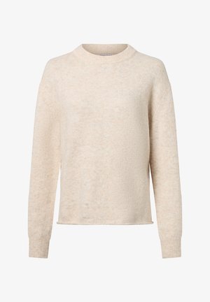 Sweter w kolorze kremowym, wykonany z miękkiego materiału. Posiada prążkowany okrągły dekolt, długie rękawy oraz luźny krój z bocznymi rozcięciami u dołu.