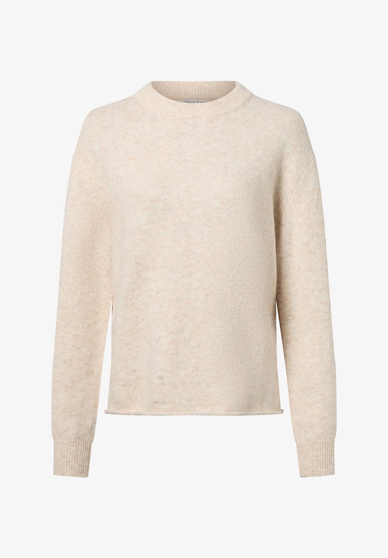 Maglione color crema realizzato in tessuto morbido. Presenta un collo rotondo a coste, maniche lunghe e una vestibilità rilassata con spacco laterale all'orlo.