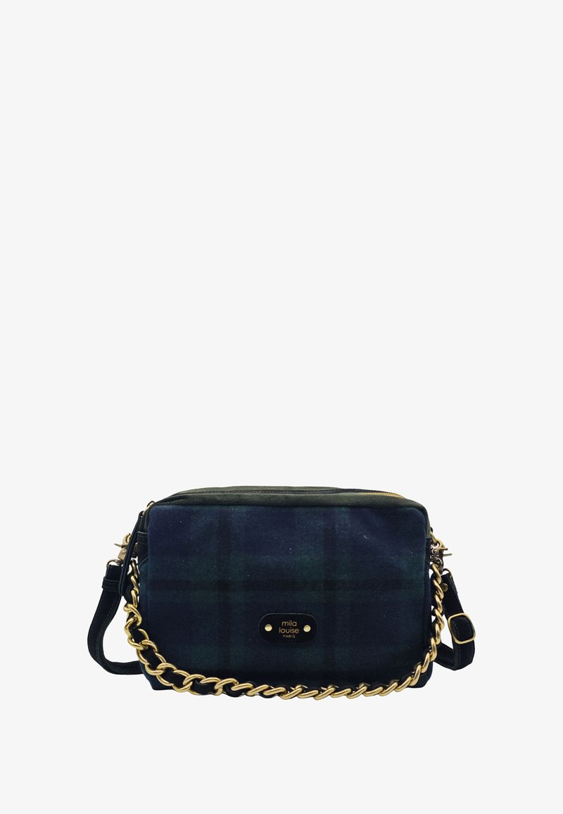 Petit sac bandoulière rectangulaire à carreaux foncés avec une chaîne dorée et une plaque en métal portant le logo "mila louise PARIS" à l'avant.