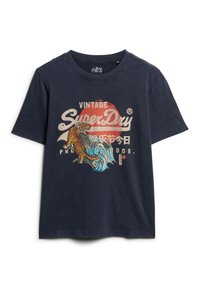 T-shirt en coton bleu marine avec un graphisme de tigre au style vintage, des vagues et des accents de soleil rouge, en col rond et à manches courtes.