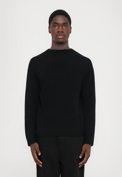 Black crew-neck sweater in a smooth, knit texture with raglan sleeves, featuring a ribbed hem and cuffs, modelled against a plain background.