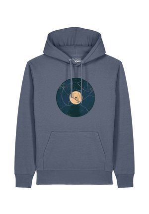 Sweat à capuche gris-bleu avec poche avant et cordons, avec un visuel de disque vinyle noir fissuré sur la poitrine.