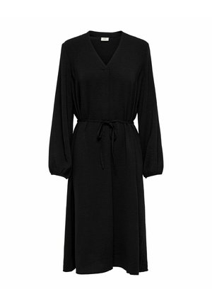 Robe midi noire à manches longues avec décolleté en V, taille froncée avec lien, et tissu légèrement texturé, dotée de poignets élastiques aux manches.