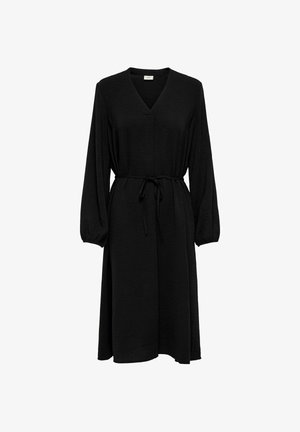 Abito midi nero a maniche lunghe con scollatura a V, vita arricciata con cintura e tessuto leggermente testurizzato, con polsini elastici sulle maniche.