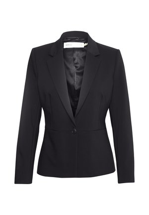Black tailored blazer with a single button closure, notched lapels, and a smooth satin lining, featuring structured seams and fitted silhouette.
