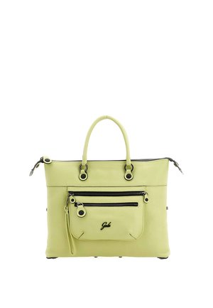 Borsa in pelle verde chiaro con due manici, tasca frontale con zip e dettagli neri della zip, mostrata su sfondo bianco.