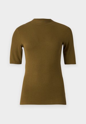 Ribbed olive green short-sleeve top with a high neckline and fitted shape. Made from a soft, stretchy fabric for comfort.